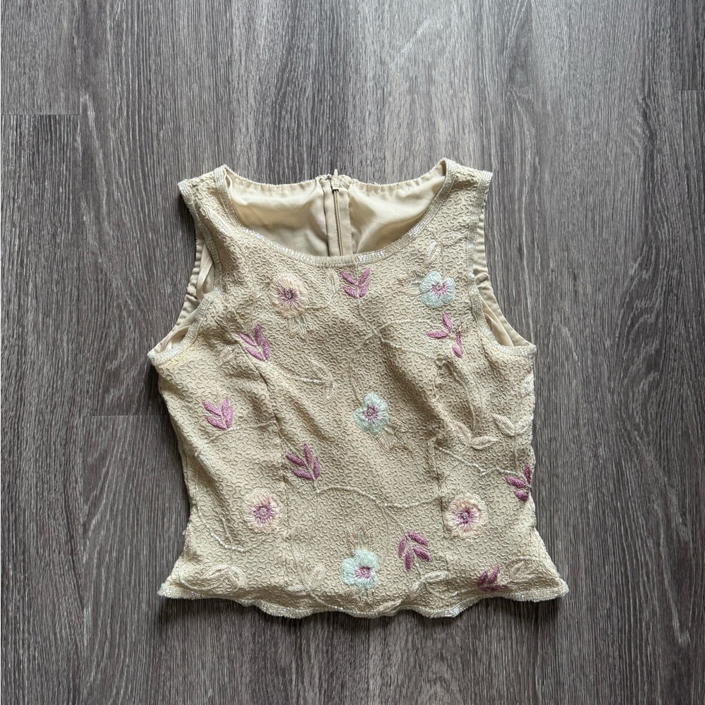 Floral Embroidered Cream Sleeveless Top
